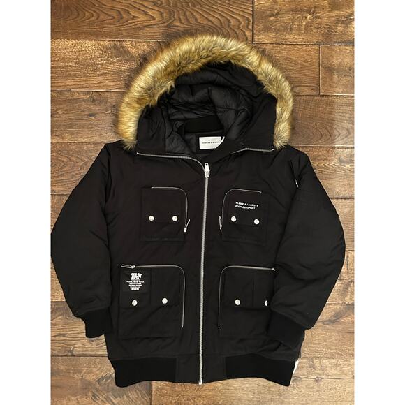 The Kooples Sport Logo Faux Down Fur Hooded Bomber Jacket Puffer Black Coat 2 M - Picture 2 of 14